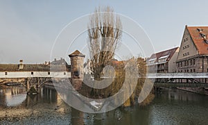 The famous Former Wine Depot Weinstadel and Water Tower Wasserturm over the river Pegnitz and  Henkersteg and Henkerhaus