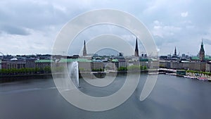 Famous fountain on Alster Lake in the city center of Hamburg