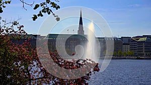 Famous fountain on Alster Lake in the city center of Hamburg