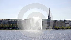 Famous fountain on Alster Lake in the city center of Hamburg