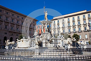 Famous Fountain of Neptune located at Municipio square in Naples built on 1600 photo