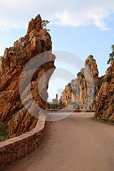 Famous french Road called D81 between badlands called called Calanques de Piana in Corsica