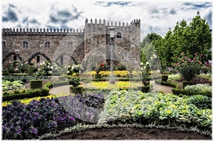 Famous garden near the ruins of the Bishops Castle in Braga, Portugal