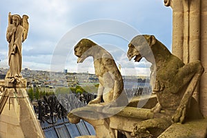 Famous gargoyles and angel of Notre Dame