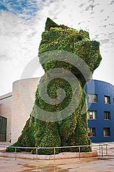 Famous giant flower dog near Guggenheim Museu in Bilbao. Floral guard dog called Puppy with blooming flowers. Bilbao landmark.