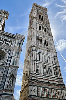 Famous Giotto\'s Campanile standing tall in Piazza San Giovanni in Florence, Italy
