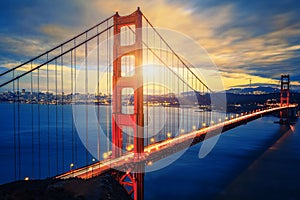 Famous Golden Gate Bridge at sunrise