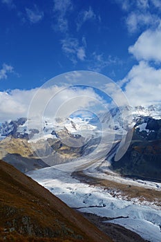 The famous Gorner Glacier in Switzerland, second largest glacier in the Alps. The magnificent panorama of the Pennine Alps with