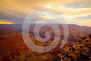 Famous Grand Canyon after heavy storm at sunset