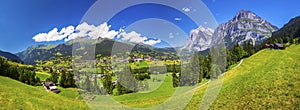 Famous Grindelwald valley, green forest, Alps chalets and Swiss Alps, Berner Oberland, Switzerland photo