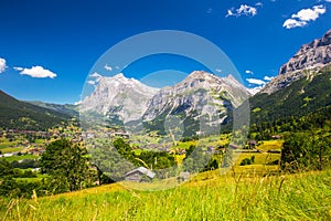 Famous Grindelwald valley, green forest, Alps chalets and Swiss Alps, Switzerland