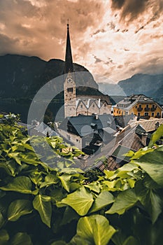 Famous Hallstatt mountain village in the Austrian Alps in summer