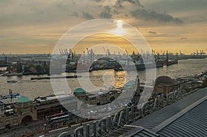 Famous harbor of Hamburg in the evening sunset