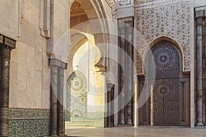 the Famous Hassan II mosque exterior, Hassan II mosque sqaure at sunset, Casablanca, Morocco