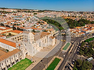 famous Hieronymites Monastery landmark in Lisbon, Portugal & x28;blue sky background