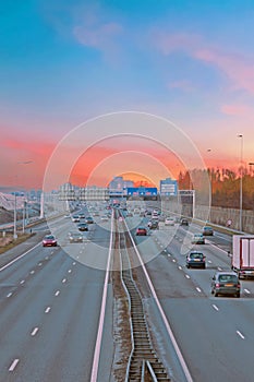 Famous highway A2 near Amsterdam in Netherlands at sunset