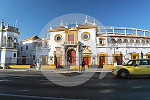 Famous, historic bull ring called Plaza de Toros in Seville, Andalucia, Spain