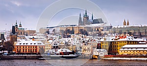 Famous historic Charles bridge in winter, Old Town bridge tower, Prague, Czech republic. Prague castle and Charles bridge, Prague