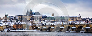 Famous historic Charles bridge in winter, Old Town bridge tower, Prague, Czech republic. Prague castle and Charles bridge, Prague