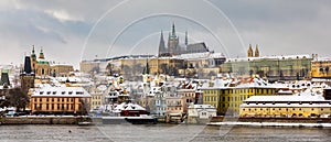 Famous historic Charles bridge in winter, Old Town bridge tower, Prague, Czech republic. Prague castle and Charles bridge, Prague