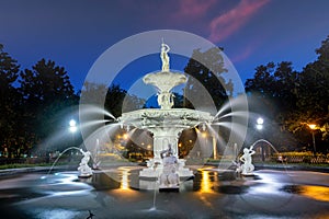 Famous historic Forsyth Fountain in Savannah, USA