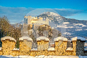 Famous Hohensalzburg Fortress at sunset in winter, Salzburg, Austria