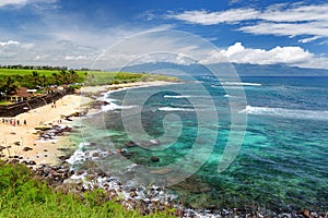 Famous Hookipa beach, popular surfing spot filled with a white sand beach, picnic areas and pavilions. Maui, Hawaii