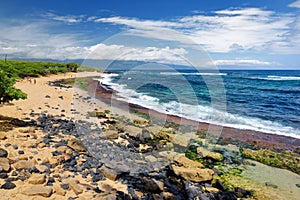 Famous Hookipa beach, popular surfing spot filled with a white sand beach, picnic areas and pavilions. Maui, Hawaii