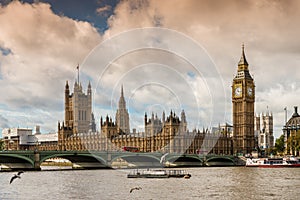 Famous Houses of Parliament and Westminster Bridge over the River Thames in London, England, Great Britain, United Kingdom