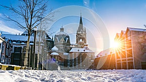 The famous Huge gothic cathedral of The Emperor Karl in Aachen Germany during winter season with snow at Katschhof against blue