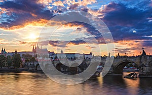 Famous iconic image of Charles bridge, Prague, Czech Republic. Concept of world travel, sightseeing and tourism