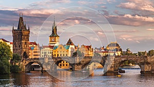 Famous iconic image of Charles bridge, Prague, Czech Republic. Concept of world travel, sightseeing and tourism