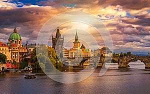 Famous iconic image of Charles bridge at sunset in spring, Prague, Czech Republic. Concept of world travel, sightseeing and