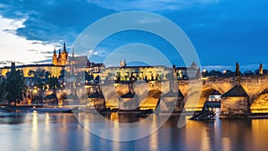 Famous iconic image of Prague castle and Charles Bridge, Prague, Czech Republic. Concept of world travel, sightseeing and tourism