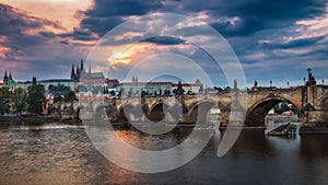 Famous iconic image of Prague castle and Charles Bridge, Prague, Czech Republic. Concept of world travel, sightseeing and tourism