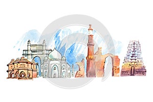 Famous Indian landmarks travel and tourism waercolor illustration
