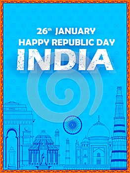 Famous Indian monument and Landmark like Taj Mahal, India Gate, Qutub Minar and Charminar for Happy Republic Day of