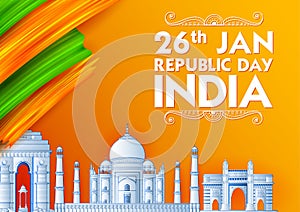 Famous Indian monument and Landmark like Taj Mahal, India Gate, Qutub Minar and Charminar for Happy Republic Day of