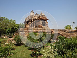 Famous Indian tourist landmark - Kandariya Mahadev Temple, Khajuraho, India. Unesco World Heritage Site