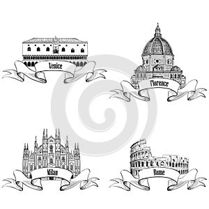 Famous italian city label set: Rome, Milan, Venice, Florence. La photo