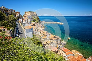 Coastline and old castle of medieval town of Scilla in Calabria, Italy. Famous Italian summer holiday destination