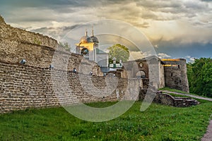 Famous Izborsk fortress in Pskov region,Russia at sunset