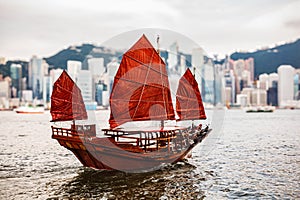 Famous Junk Boat in Victoria Harbour with Hong Kong Island