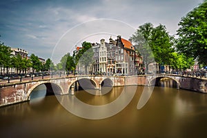 Famous Keizersgracht canal intersection in Amsterdam