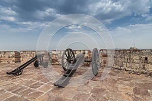 Famous Kilkila cannons on the top of Mehrangarh fort. overlooking city of Jodhpur for proctection since ancient times. Huge long