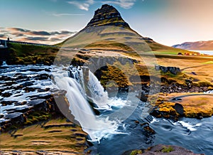 Famous Kirkjufellsfoss waterfall in Iceland, Europe. Generative AI