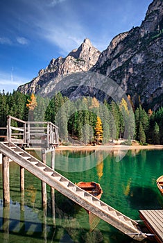 famous lake Braies in Italy with Dolomites mountains in background, Pragser wildsee