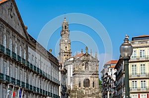 famous landmark clergios tower in downtown Porto with blue sky