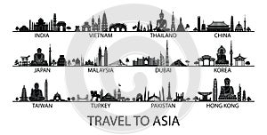 Famous landmark of country in Asia silhouette style with black and white classic color design include by country name