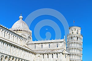 Famous landmark Pisa Tower view from miracle square. Pisa, Italy.